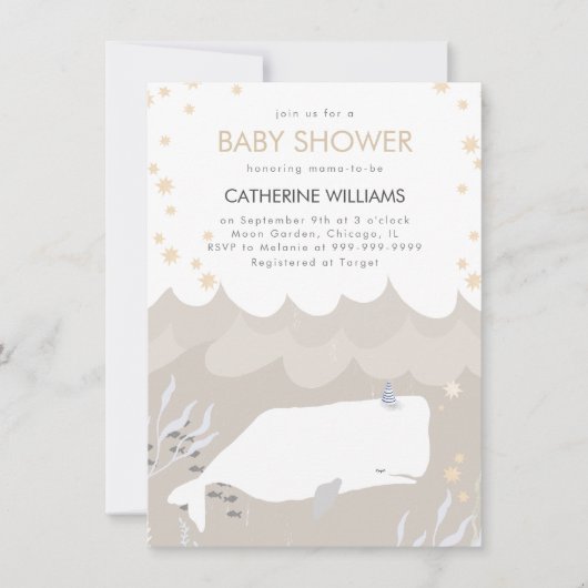 Neutrale Leuke Witte Walvis Baby shower Uitnodigin Kaart (Voorkant)