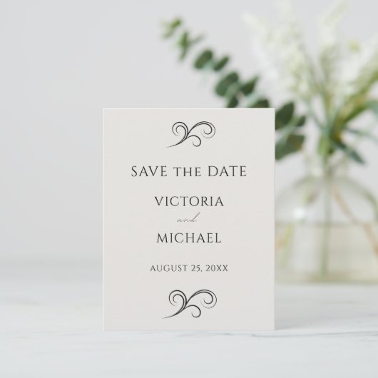 Neutrale moderne scrolls minimalistische bruiloft save the date (Staand voorkant)