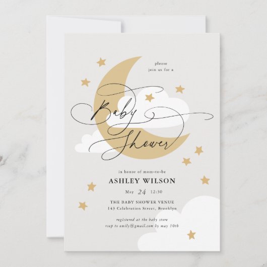 Neutrale moon en sterren Elegant Script Baby showe Kaart (Voorkant)