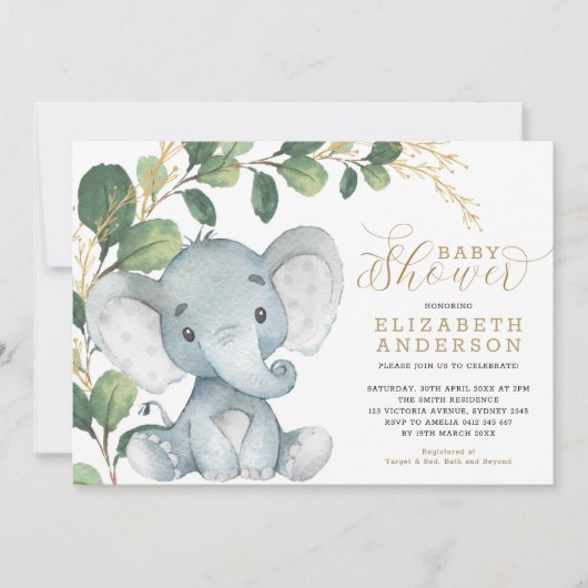 Neutrale olifant Soft Greenery Gold Baby shower Kaart (Voorkant)