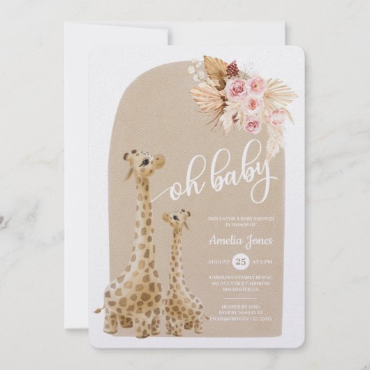 Neutrale Pampas Grass Giraffe Baby shower Invitati Kaart (Voorkant)