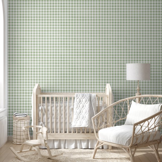 Neutrale Sage Groene Kleine Gingham Patroon Behang (Kinderen)