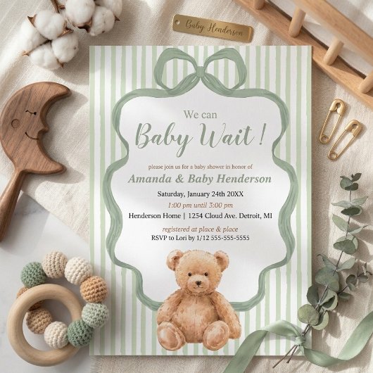Neutrale saliegroene teddybeer babyshower kaart