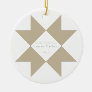 Neutrale Streep Quilt Star Mijn Eerste Kerstmis Keramisch Ornament