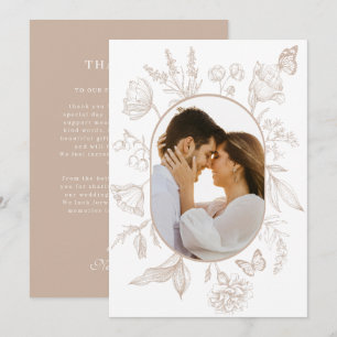 Neutrale Tan Bloemenlijn Kunst Bloemenvlinder Foto Bedankkaart