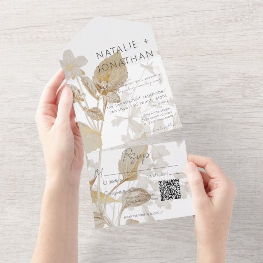 Neutrale Tan Wildbloemen Moderne QR-code All In One Uitnodiging (Afscheurbaar)