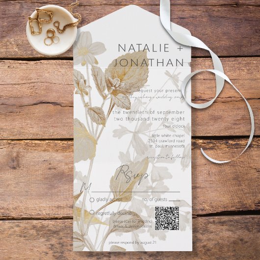 Neutrale Tan Wildbloemen Moderne QR-code All In One Uitnodiging