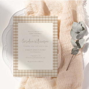 Neutrale Taupe Beige Gingham Plaid Baby Shower Uit Kaart