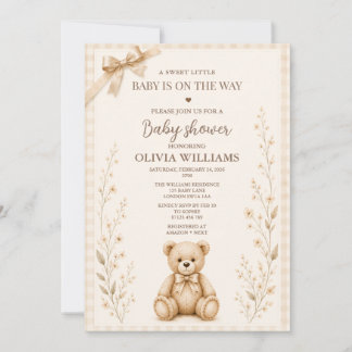 Neutrale Teddybeer Baby Shower Uitnodiging