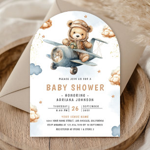 Neutrale teddybeer blauwe vliegtuig boog baby show kaart