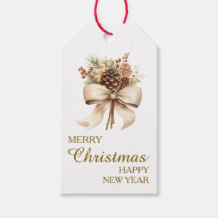 Neutrale Toon Gouden Dennenappel Boeket Kerst Cadeaulabel