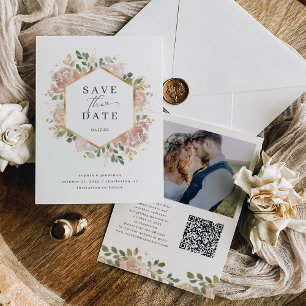 Neutrale Waterverf Bloemen met QR Code en Foto Save The Date