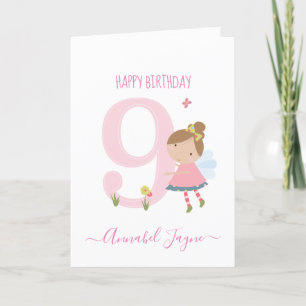 Neuvième anniversaire fée mignonne rose carte pers