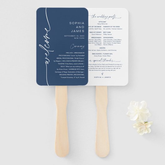 NEVE Modern Navy Wedding Programme (set van 10) Handwaaier (Voorkant en achterkant)