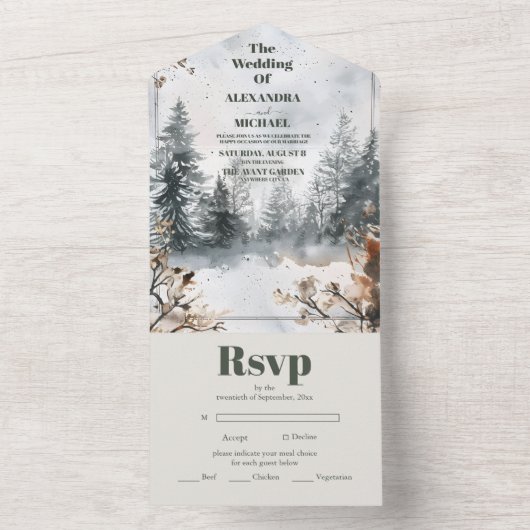 Nevelig berg aquarel winter bos bruiloft all in one uitnodiging (Binnen)