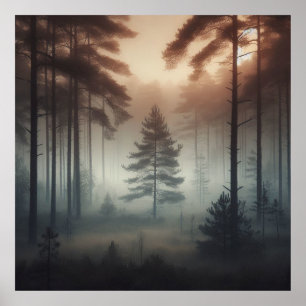 Nevelig bosposter, Kunstprint, Vreedzame natuur Poster