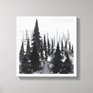 Nevelig monochroom dennenbos aquarel kunstprint canvas afdruk
