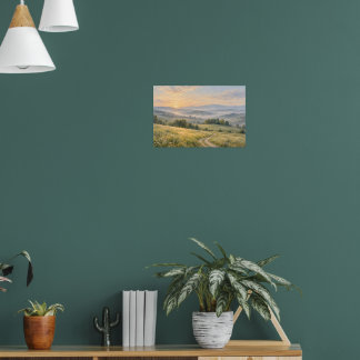 Nevelig Platteland Zonsopgang Landschap Poster