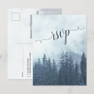 Nevelige Bergen Blauw Dennenbos Bruiloft RSVP Briefkaart