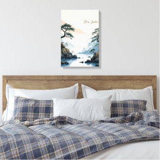Nevelige bergstroom Chinese inktschildering Canvas Afdruk