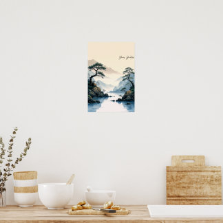 Nevelige bergstroom Chinese inktschildering Poster