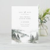 Nevelige bergwoud foto bruiloft save the date (Staand voorkant)