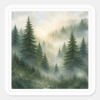 Nevelige ochtend in dennenbos esthetisch vierkante sticker