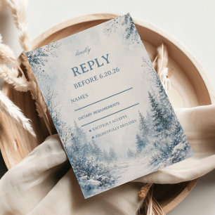 Nevelige sneeuwval langs blauw RSVP kaartje