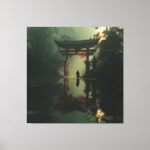 Nevelige Torii-poort Dageraad Eenzaamheid Figuur Canvas Afdruk