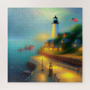Nevelige zeehaven en vuurtoren legpuzzel