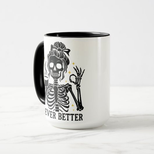 Never Better Skeleton Funny Retro Halloween Mug Mok (Voorkant links)