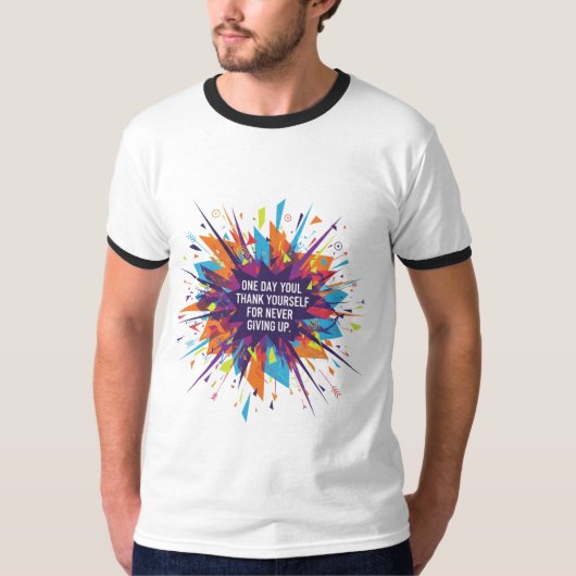 "Never Give Up - Exploding Motivation T-Shirt" T-shirt (Voorkant)
