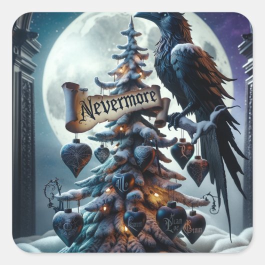 Nevermore Gotische Kerstboom met harten Raven Vierkante Sticker (Voorkant)