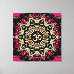 New age Heet Pink+Gold Aum Mandala Canvas Afdruk
