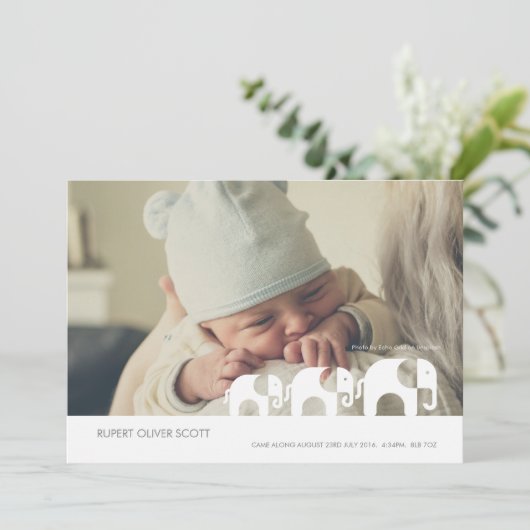 New Baby Along Came Elephant Announccard Aankondiging (Staand voorkant)