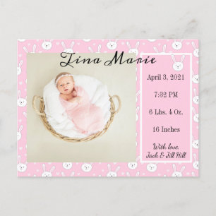 New Baby Birth Announcement Bunny Rabbit Foto Briefkaart