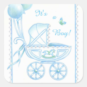 New Baby Boy Blue Buggy en ballonnen Vierkante Sticker