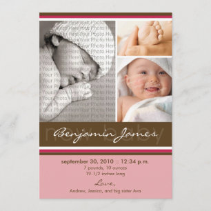 New Baby Photo Trio Birth Announcement (roze) Aankondiging