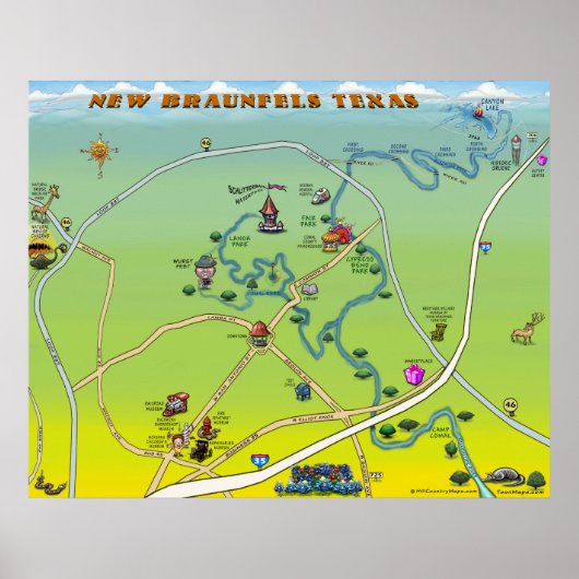 New Braunfels Texas Cartoon Map Poster (Voorkant)