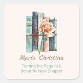 New Chapter Begins Book Stack Floral Vierkante Sticker (Voorkant)