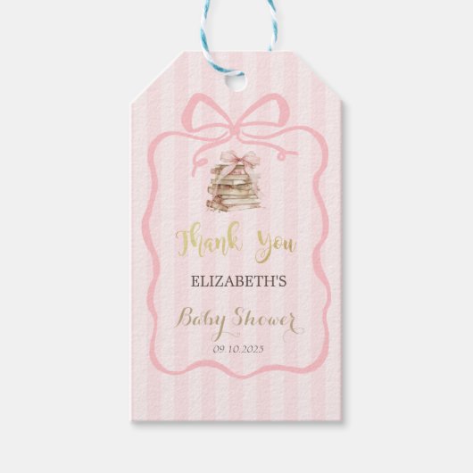 New Chapter Pink Bow Stripes Baby Shower Cadeaulabel (Voorkant)