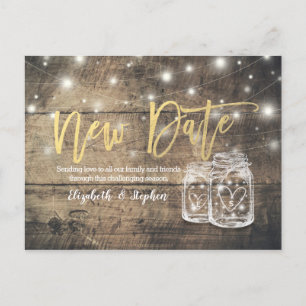 New Date Weddenschap Postponement Mason Jar Wood L Aankondigingskaart