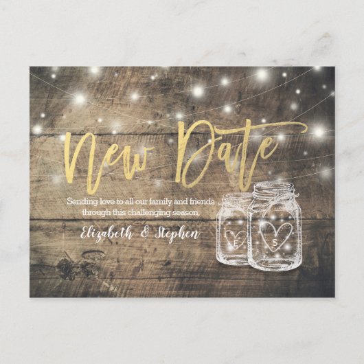 New Date Weddenschap Postponement Mason Jar Wood L Aankondigingskaart (Voorkant)