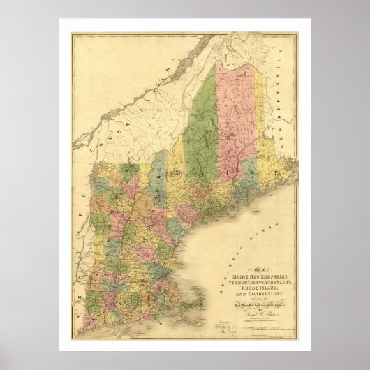 New England States Map 1839 Poster (Voorkant)