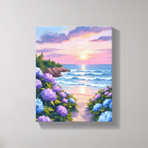 New England Zomer   Hydrangea Strand Schilderij Canvas Afdruk