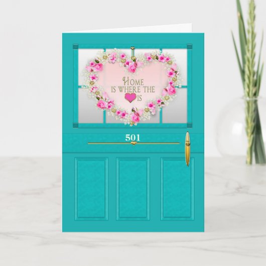 New Home Congratulations Door Wreath Personalize Kaart (Voorkant)