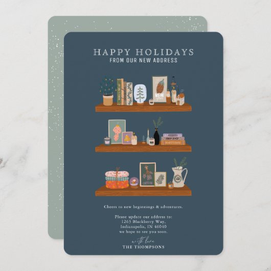 New Home Feestdagen Shelf Navy Moving Announge Feestdagenkaart (Voorkant / Achterkant)