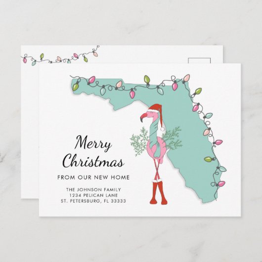 New Home Florida Map Kerstmis Flamingo Moving Aankondigingskaart (Voorkant / Achterkant)