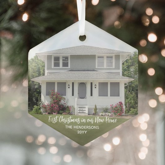 New Home Photo First Kerstmis Simple White Script Glas Ornament