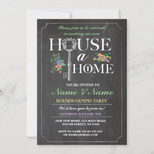 New Home Sweet House Warming Chalkboard Key Invite Kaart
